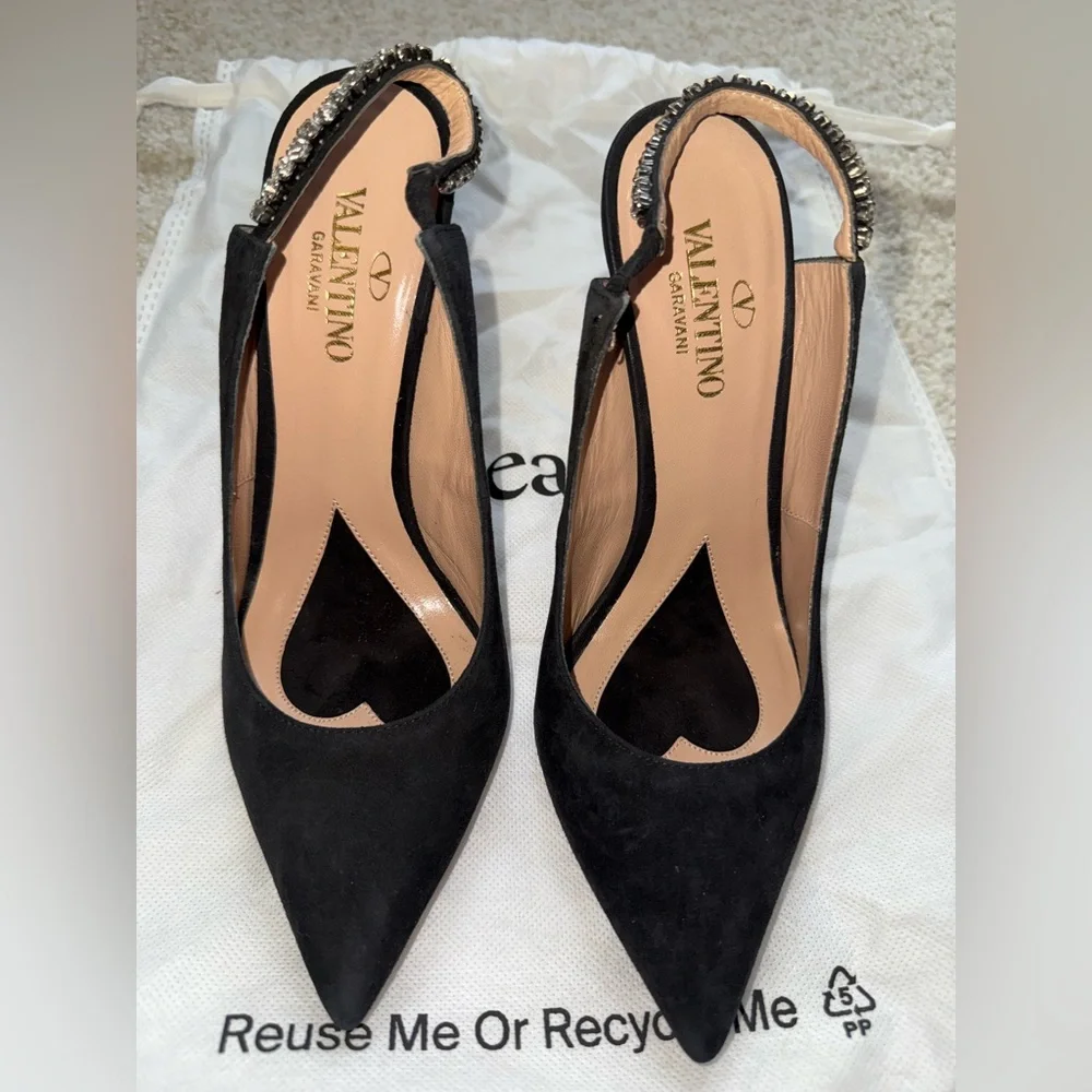 Valentino Suede Crystal Embellishments Slingback Pumps - Picture 7 of 9